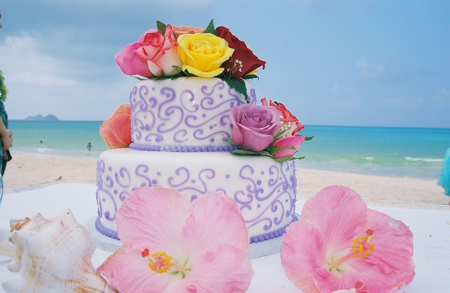 close up of the Hawaii wedding cake on the beach
